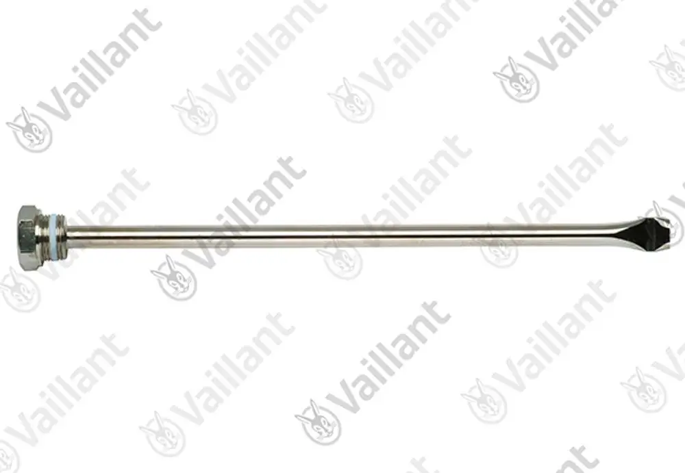 Vaillant Tauchhülse mit einem länglichen, metallischen Körper und sechskantigem Anschluss, geeignet zur Sensorintegration in Heizsystemen.